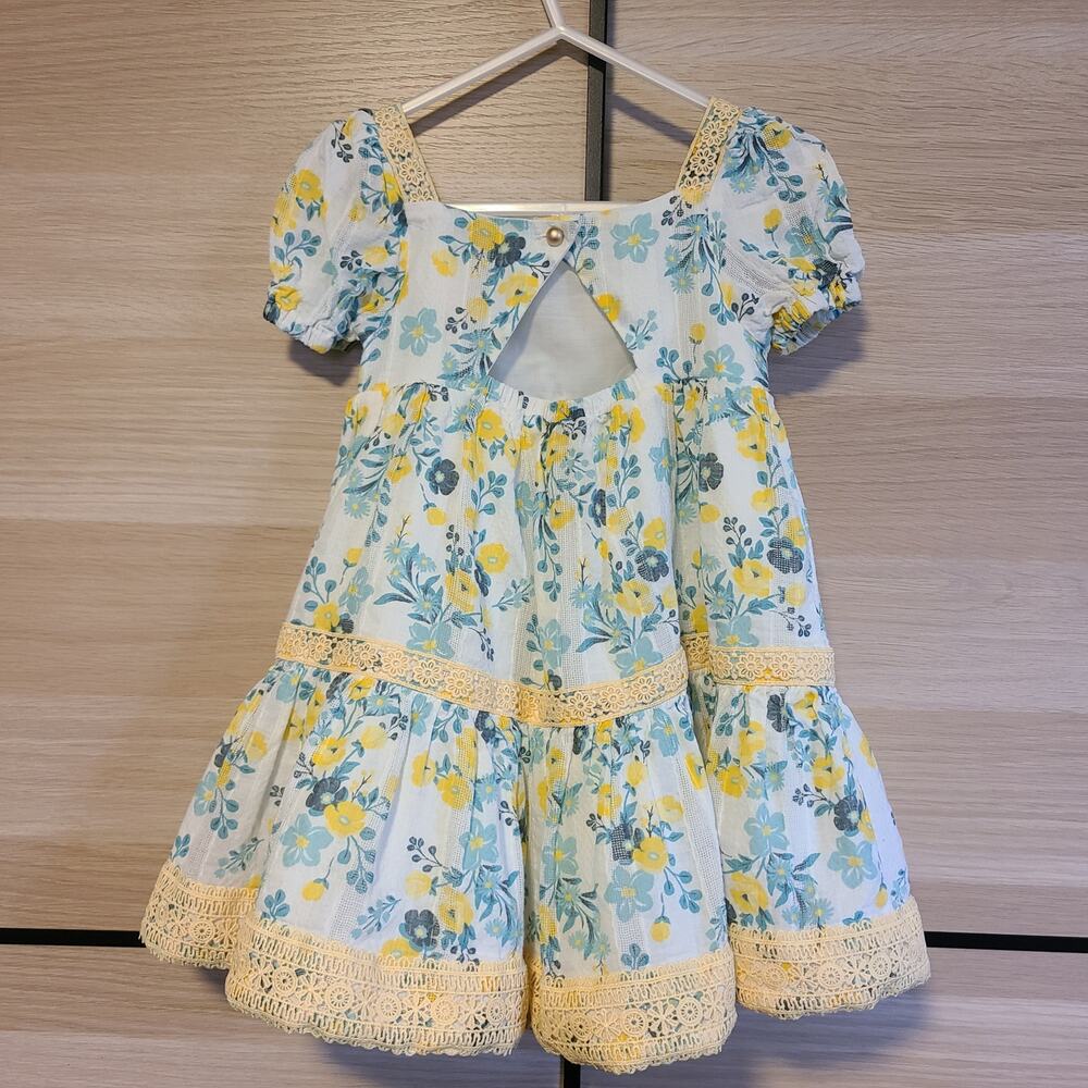 Joie Smocked Prairie Core Sundress Girls 2T Pastel Floral Lace Puff Sleeve